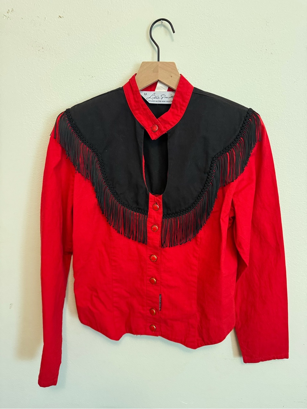 Vintage like new Lilia Smitty Red Western Fringe Dress Shiet with Black Yoke
